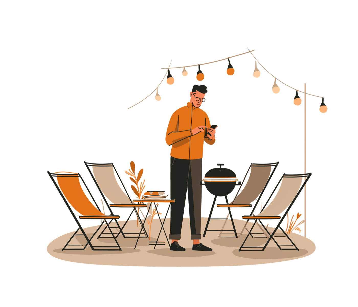 Illustration of a person alone at a BBQ with empty chairs